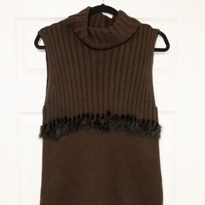 Women's Chocolate Brown Sweater with Faux Fur Trim Vintage 100% wool